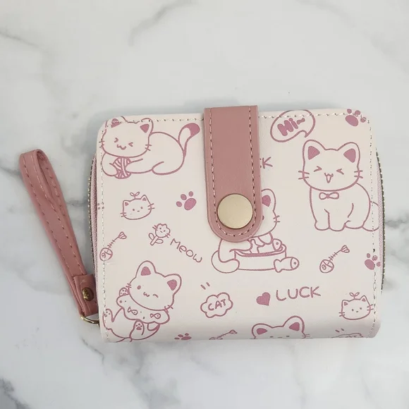 Pink & White Whimsical Cat Print Mini Wallet - Picture 7 of 15